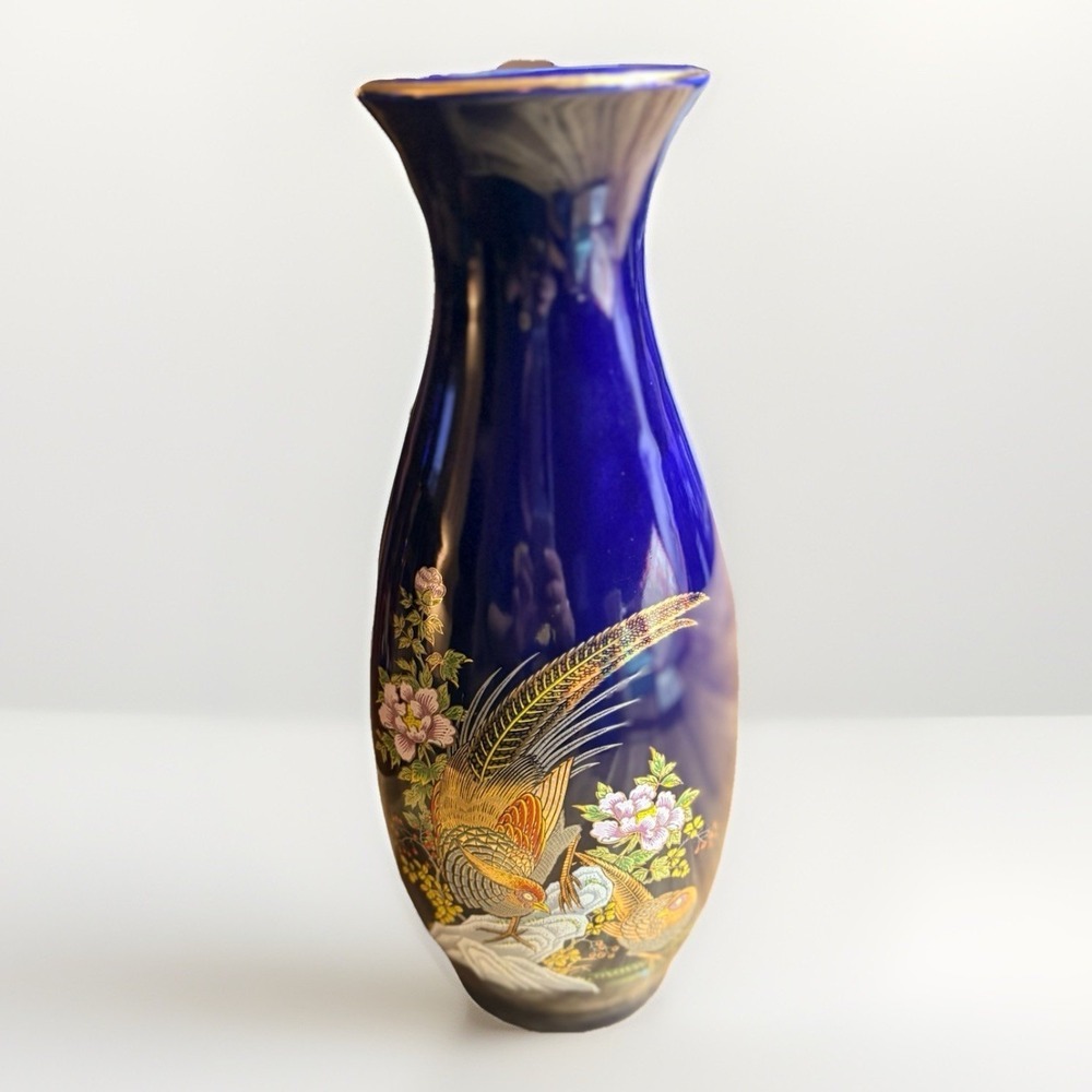 Japanese Cobalt Blue Vase Gold Painted Pheasant Floral Asian Ceramic 11.5"H